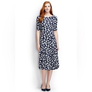 Lands End Elbow Sleeve Flounce Skirt Floral Dress- Navy and White- Size XL/18